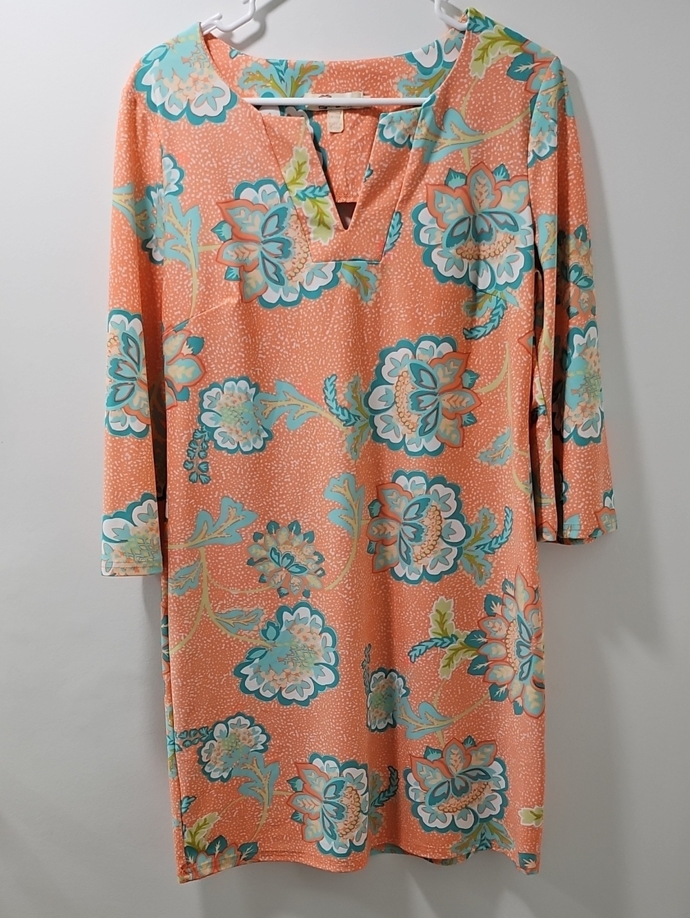 Aryeh Floral Notch Neck Stretch Shift Dress Medium Coastal Preppy Coral Aqua
